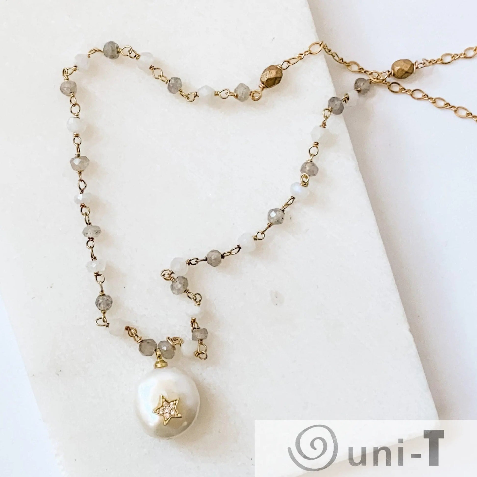 Pearl, Moonstone and Labradorite with 14K Gold Filled Necklace Regina McGearty