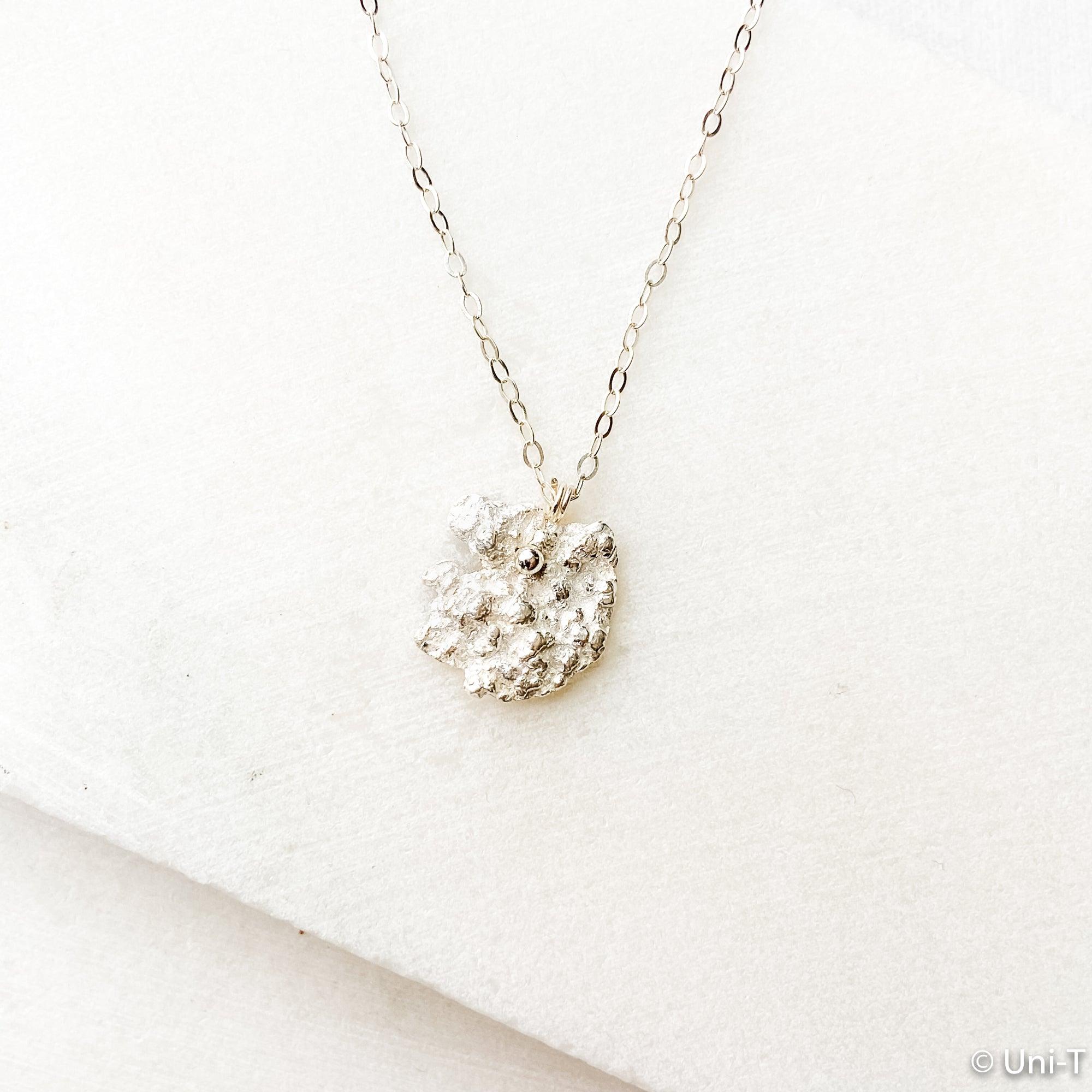 Silver Lava Impression Necklace, Precious Metal Clay 99% Silver with Sterling Silver Chain - Uni-T