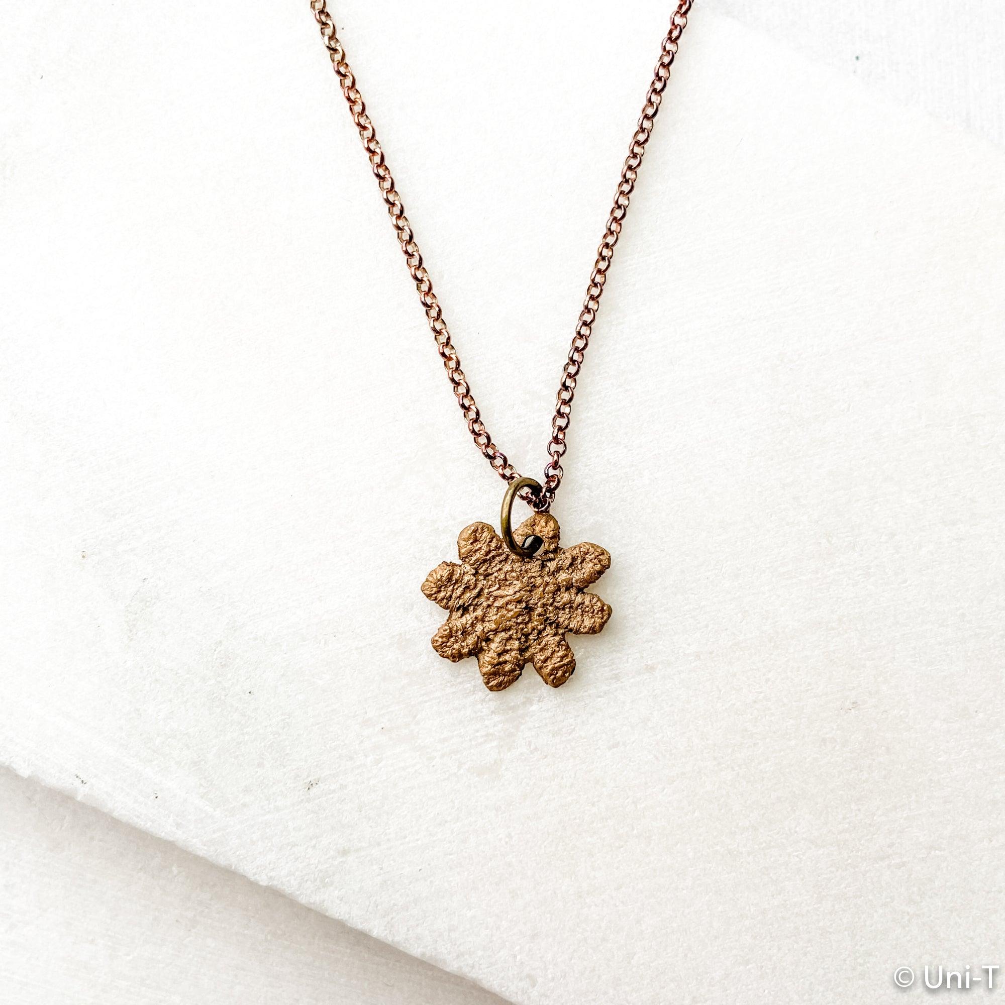Daisy Necklace, Precious Metal Clay 99% Pure Bronze with Sterling Silver Chain Uni-T Earrings
