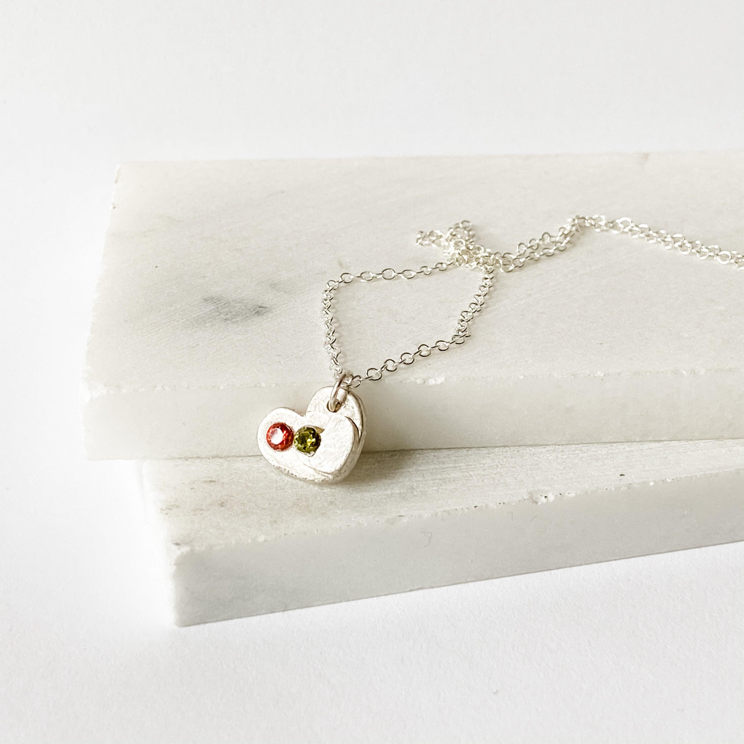 Mother &amp; Child Heart Silver Necklace, Precious Metal Clay Silver with Sterling Silver Chain Uni-T Necklace