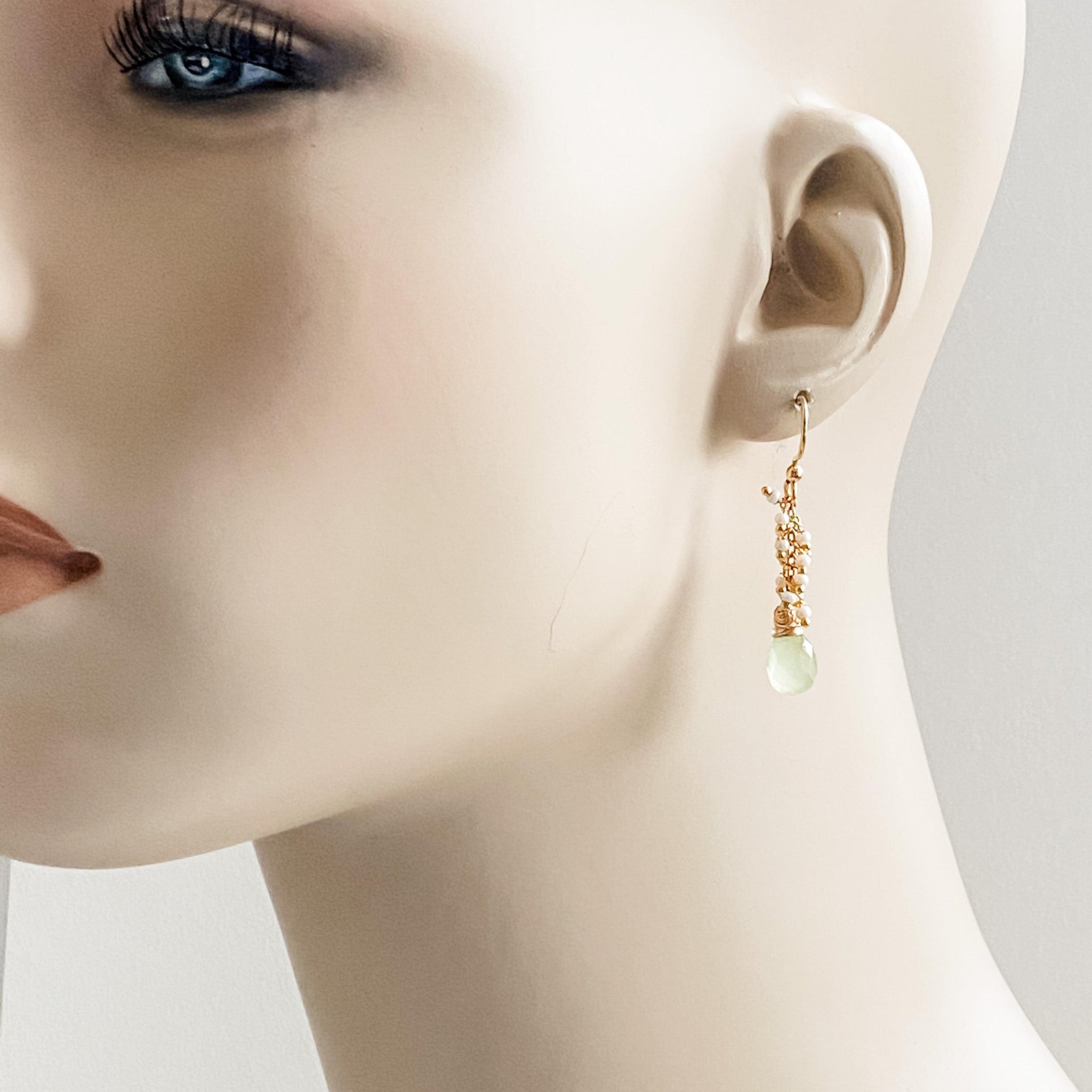 Green Chalcedony on Pearl Seed Bead Chain Uni-T Earrings