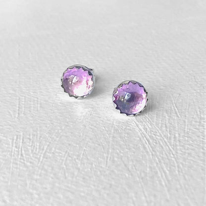 6mm pink cubic zirconia studs with bubble-cut design set in sterling silver. Elegant pink studs ideal for everyday wear or gifting.