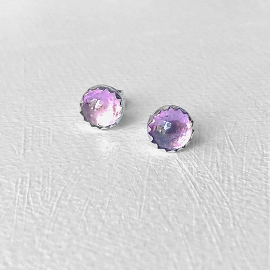 6mm pink cubic zirconia studs with bubble-cut design set in sterling silver. Elegant pink studs ideal for everyday wear or gifting.