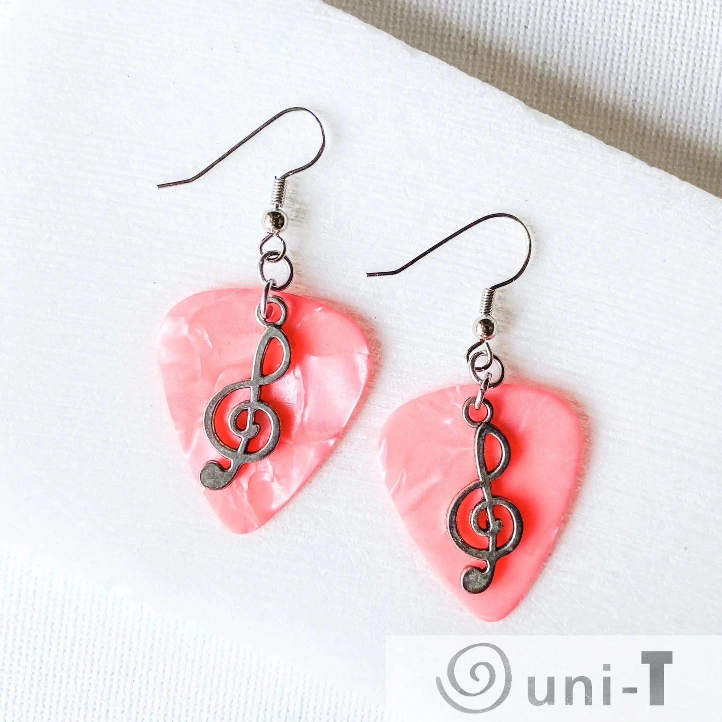 Pink Guitar Pick Earrings with Music Notes Shana Cohen