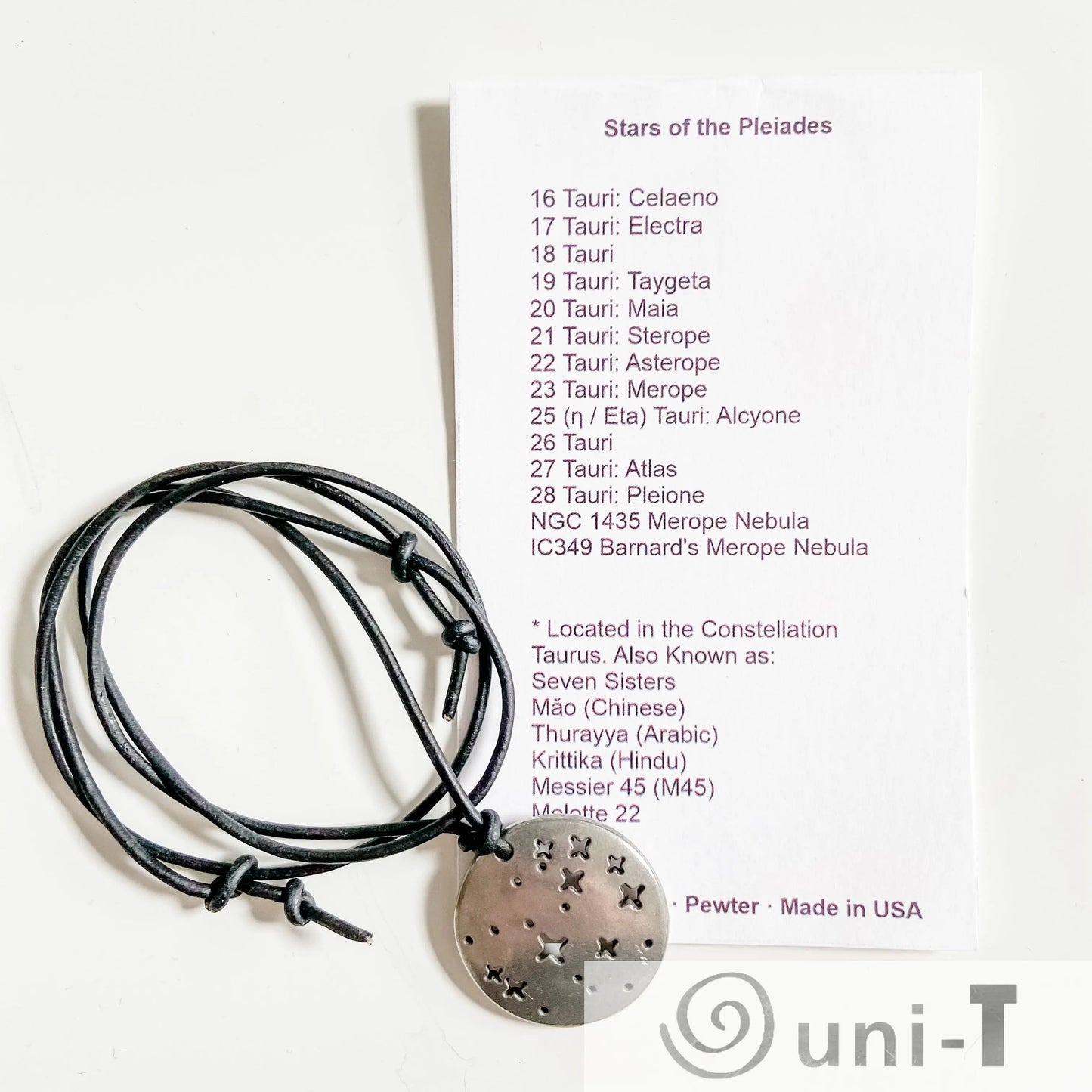 Pleiades Pendant - Pleiades Constellation Necklace shown with star chart card listing celestial names. A perfect astronomy-themed gift accessory.