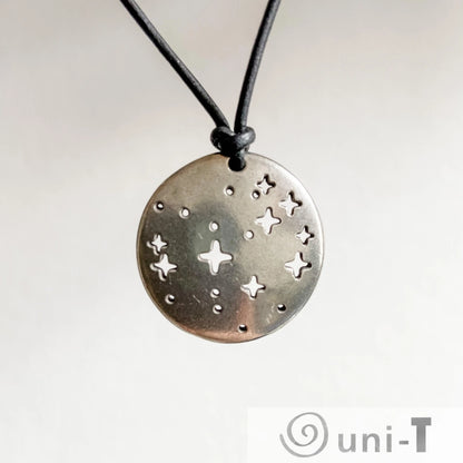 Detailed view of Pleiades Pendant - Pleiades Constellation Necklace with pewter star design. A unique science jewelry item for constellation fans.