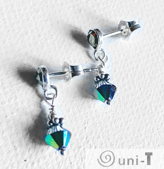 Sterling silver pyrite and crystal earrings featuring iridescent green-blue 4mm gemstones. Ideal for stylish, modern jewelry lovers.