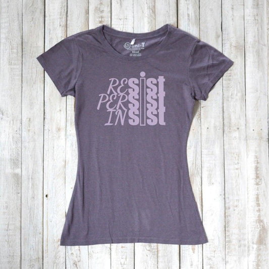 Feminist empowerment tee in plum purple featuring 'Resist Persist Insist' text. Sustainable bamboo & organic cotton by Uni-T.