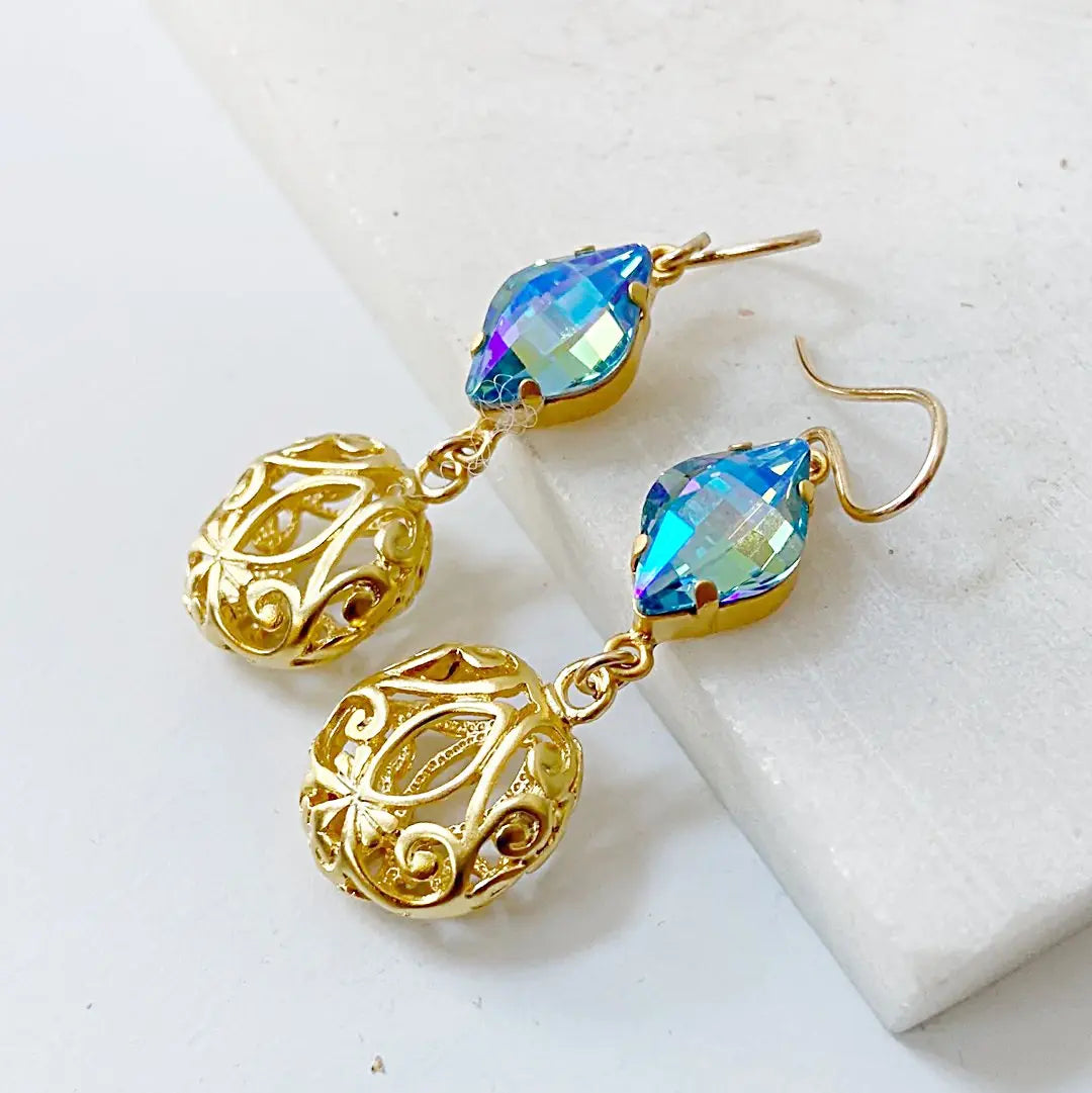 RMME022 Gold Filigree Puffs and Crystal 14KGF Earrings Regina McGearty