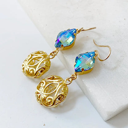 RMME022 Gold Filigree Puffs and Crystal 14KGF Earrings Regina McGearty