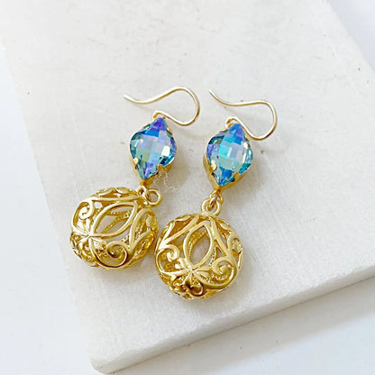 RMME022 Gold Filigree Puffs and Crystal 14KGF Earrings Regina McGearty
