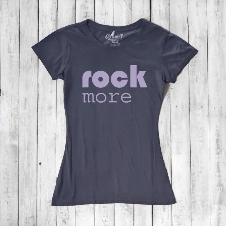 Women's Rock and Roll T-Shirt in dark gray bamboo & organic cotton with lavender 'rock more' quote. Eco-friendly concert tee for music lovers.