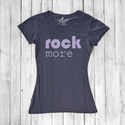 Women's Rock and Roll T-Shirt in dark gray bamboo & organic cotton with lavender 'rock more' quote. Eco-friendly concert tee for music lovers.
