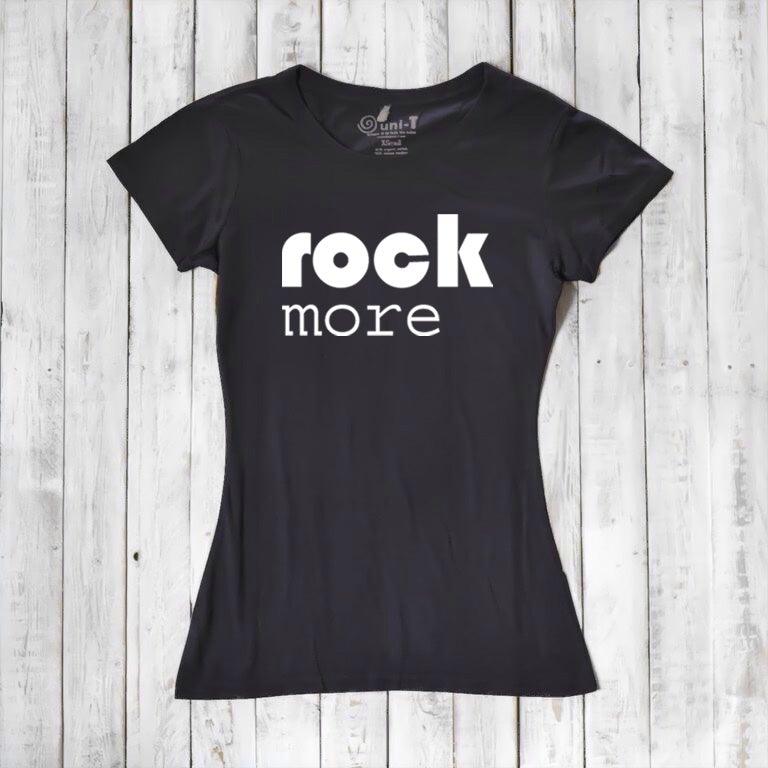 Black women's bamboo & organic cotton 'Rock More' t-shirt with bold white graphic. Sustainable rock concert tee for music fans.