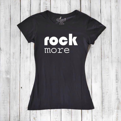 Black women's bamboo & organic cotton 'Rock More' t-shirt with bold white graphic. Sustainable rock concert tee for music fans.