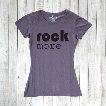 Charcoal gray 'Rock More' women's t-shirt made from bamboo & organic cotton. Eco-conscious graphic tee for rock music lovers.