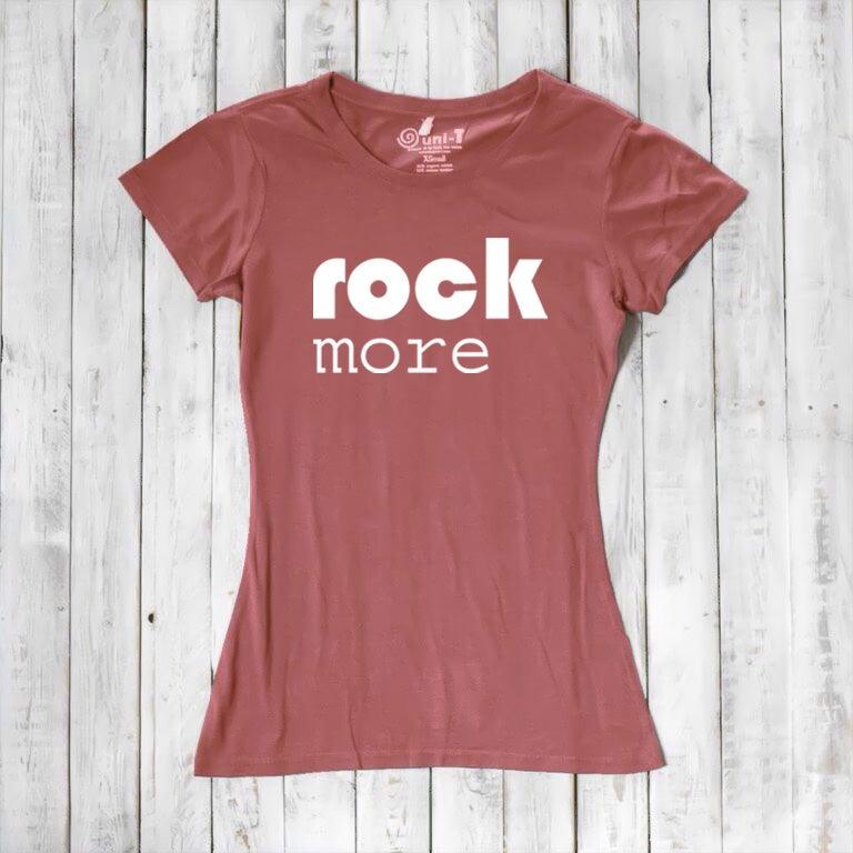 Rust red 'Rock More' women's t-shirt in bamboo & organic cotton. Sustainable graphic tee perfect for concerts and music gifts.