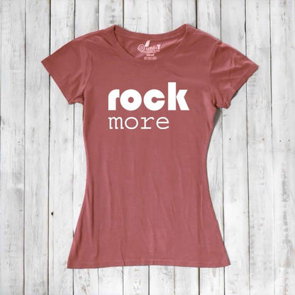 Rust red 'Rock More' women's t-shirt in bamboo & organic cotton. Sustainable graphic tee perfect for concerts and music gifts.