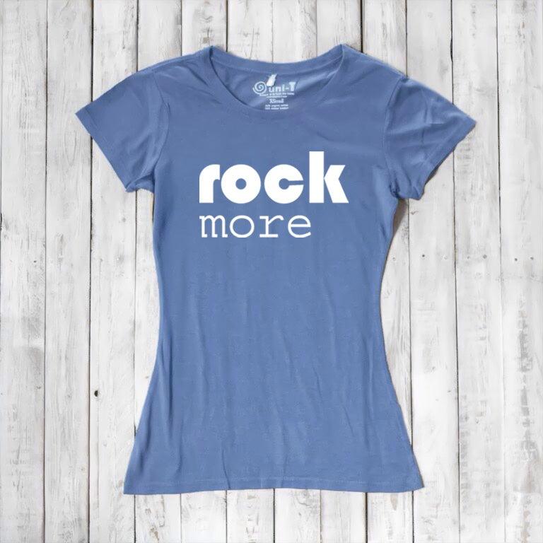 Blue 'Rock More' women's t-shirt in bamboo & organic cotton. Sustainable concert-style graphic tee for music enthusiasts.