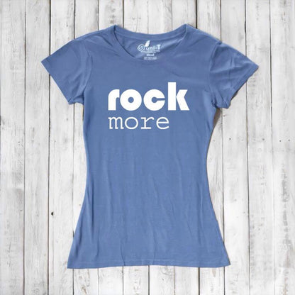 Blue 'Rock More' women's t-shirt in bamboo & organic cotton. Sustainable concert-style graphic tee for music enthusiasts.