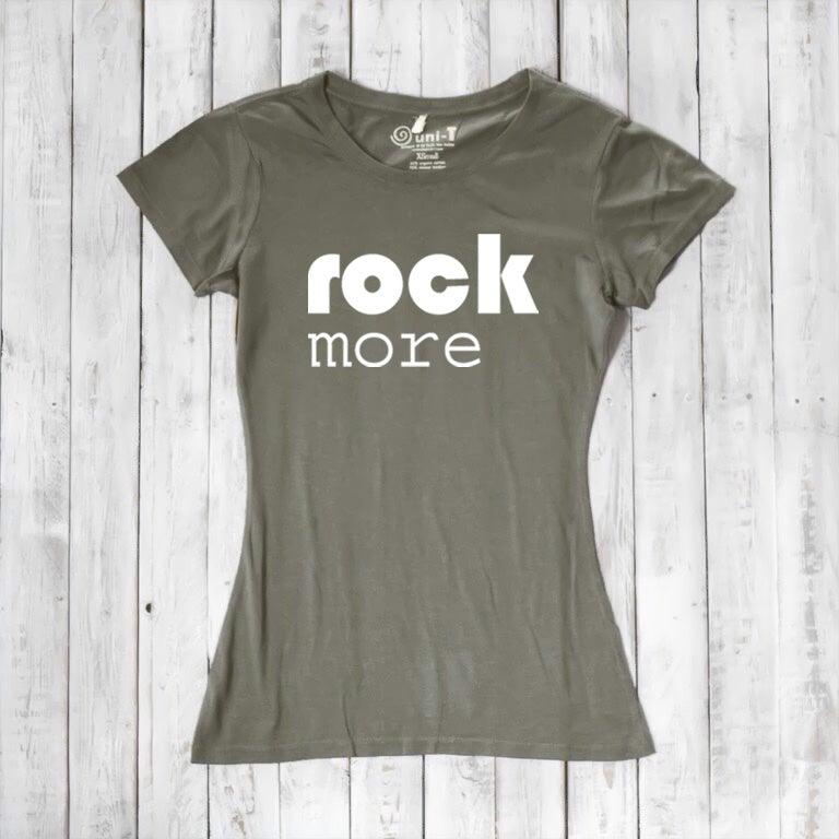 Olive green 'Rock More' women's t-shirt made from bamboo & organic cotton. Eco-friendly music-themed top for casual outfits.