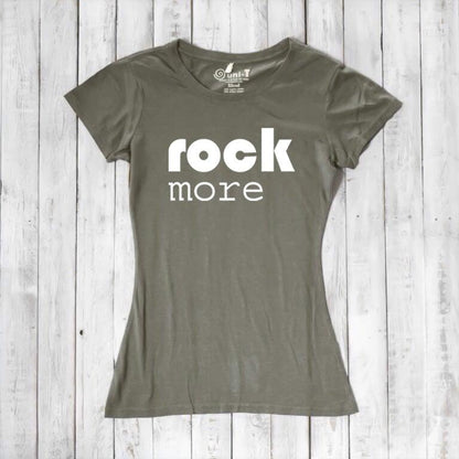 Olive green 'Rock More' women's t-shirt made from bamboo & organic cotton. Eco-friendly music-themed top for casual outfits.