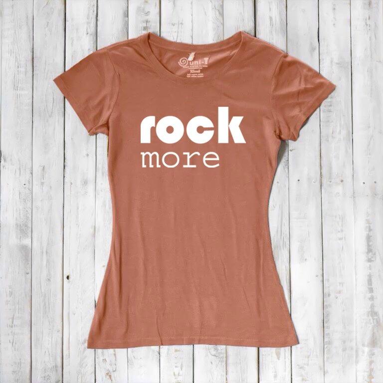 Terracotta 'Rock More' women's t-shirt in bamboo & organic cotton. Sustainable quote tee for rock fans and music lovers.