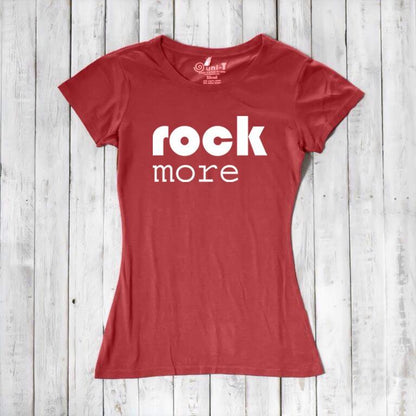 Red 'Rock More' women's t-shirt in bamboo & organic cotton. Bold graphic tee for music lovers and sustainable fashion fans.
