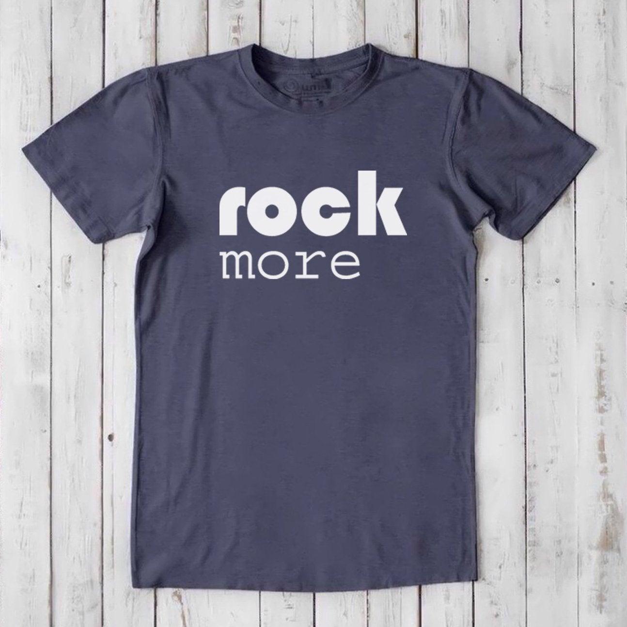 Men's Rock and Roll T-Shirt in navy bamboo and organic cotton with bold 'rock more' quote, classic fit for music lovers.
