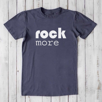 Men's Rock and Roll T-Shirt in navy bamboo and organic cotton with bold 'rock more' quote, classic fit for music lovers.