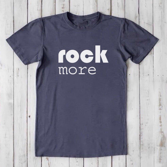 Men's Rock and Roll T-Shirt in navy bamboo and organic cotton with bold 'rock more' quote, classic fit for music lovers.