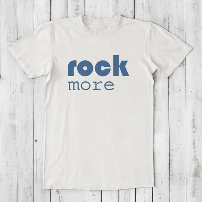 White bamboo and organic cotton men's 'Rock More' T-shirt with blue concert-style quote, perfect gift for rock fans.