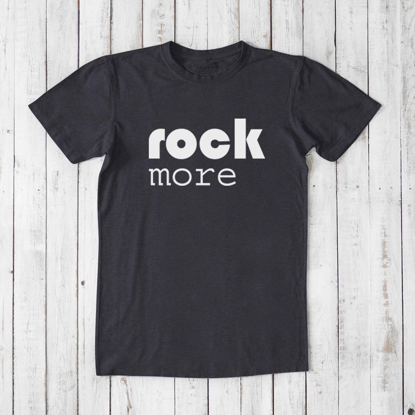 Charcoal black men's 'Rock More' T-shirt in sustainable bamboo and organic cotton, classic fit tee for music lovers.
