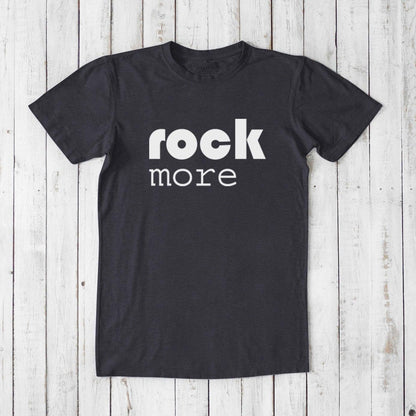Charcoal black men's 'Rock More' T-shirt in sustainable bamboo and organic cotton, classic fit tee for music lovers.