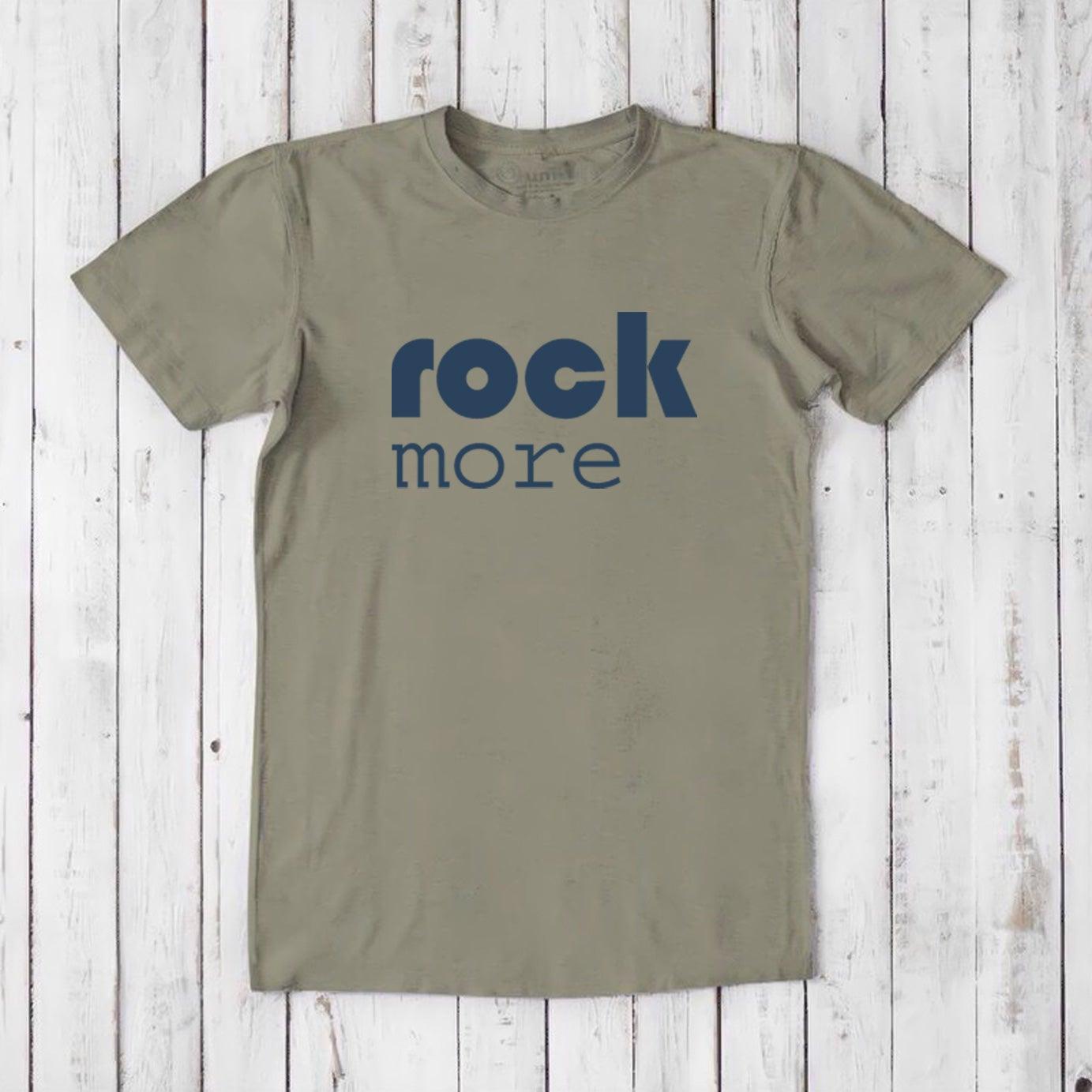 Olive green men's bamboo and organic cotton T-shirt with 'rock more' quote, eco-friendly concert-style graphic tee.