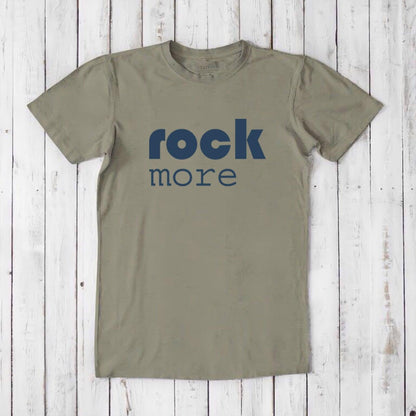 Olive green men's bamboo and organic cotton T-shirt with 'rock more' quote, eco-friendly concert-style graphic tee.