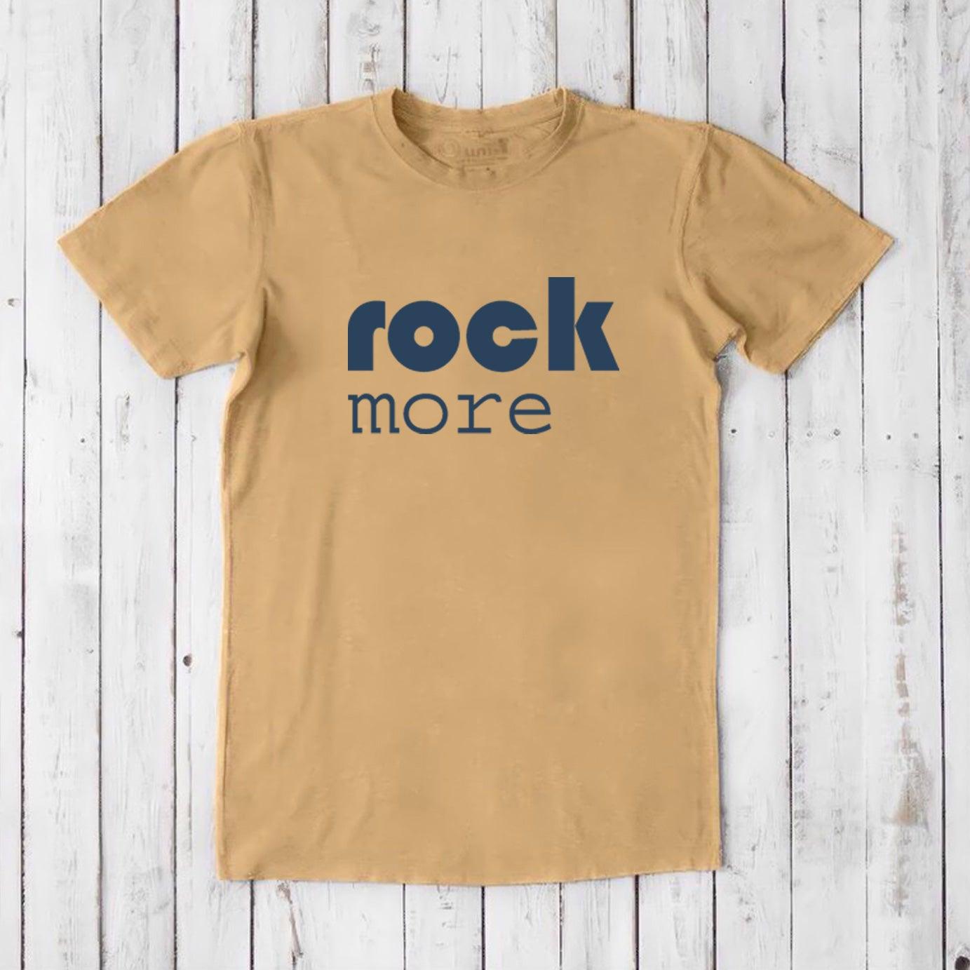 Mustard yellow men's 'Rock More' T-shirt made from bamboo and organic cotton, ideal for music lovers and concert wear.