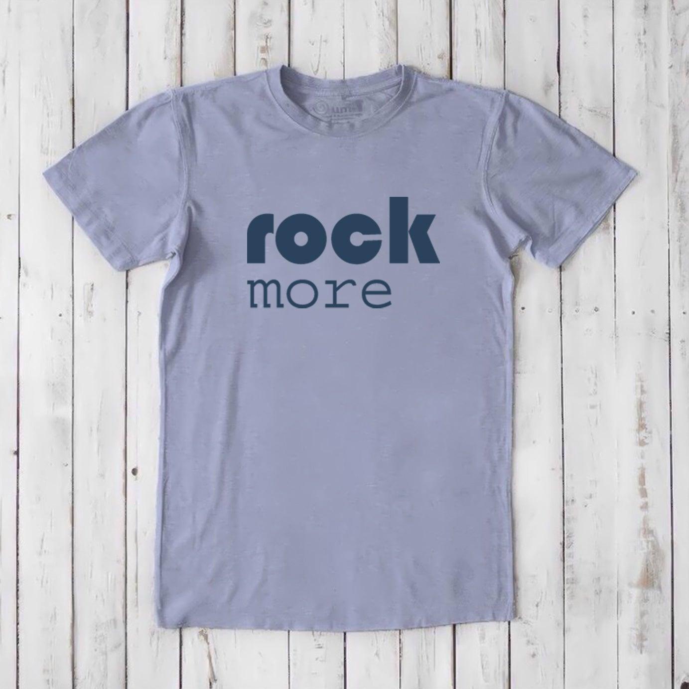 Slate blue men's bamboo and organic cotton T-shirt with bold 'rock more' print, sustainable gift for rock fans.
