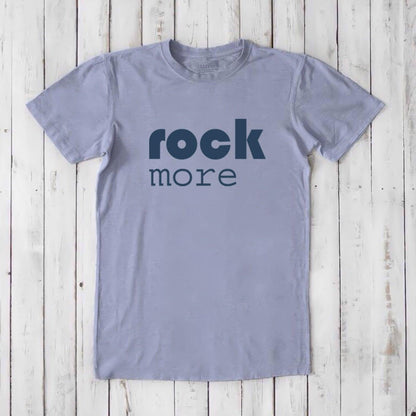 Slate blue men's bamboo and organic cotton T-shirt with bold 'rock more' print, sustainable gift for rock fans.