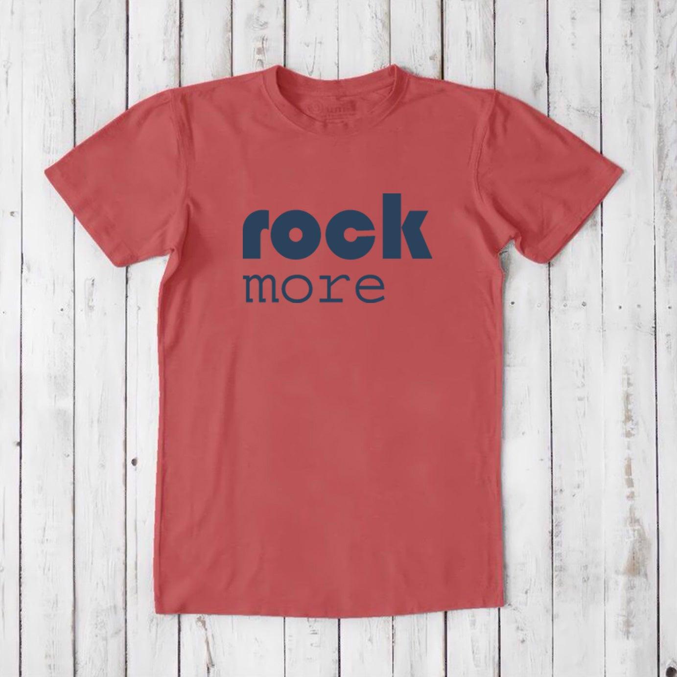 Red clay men's 'Rock More' T-shirt in bamboo and organic cotton, classic fit music-themed tee for concerts and casual wear.