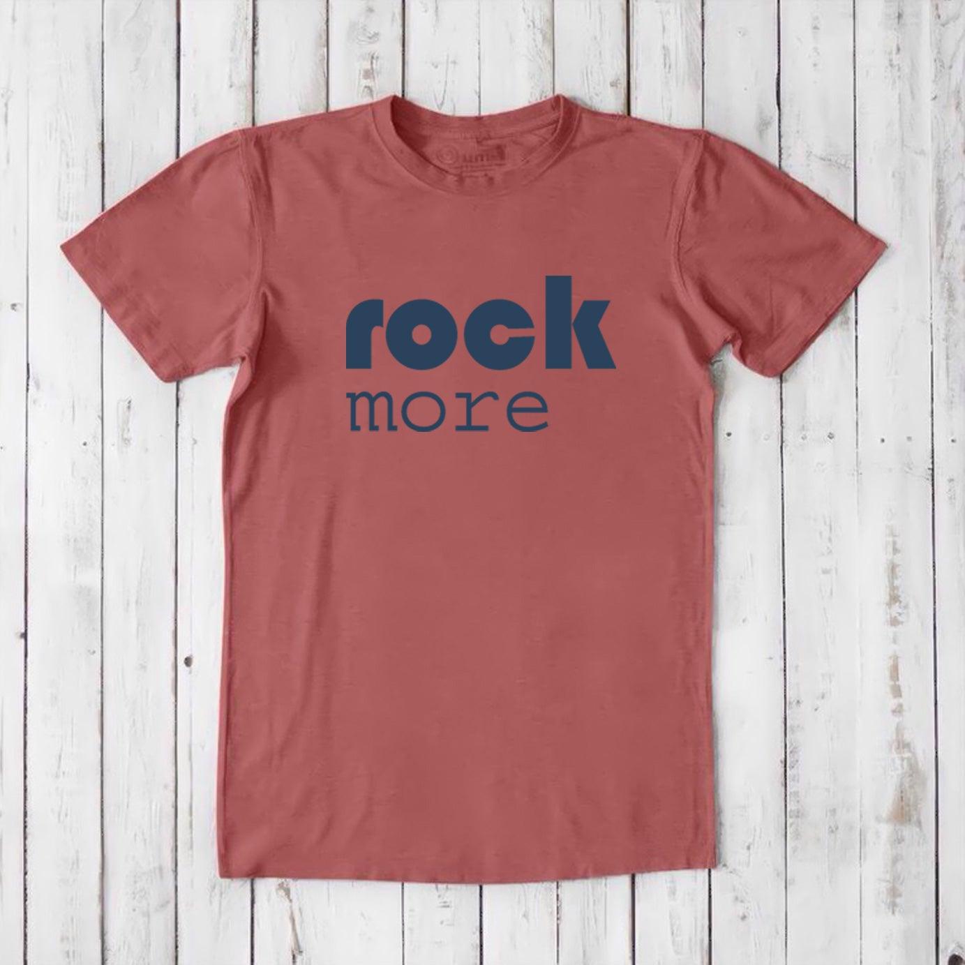 Muted red men's bamboo and organic cotton 'Rock More' T-shirt, eco-conscious concert-style tee for music lovers.