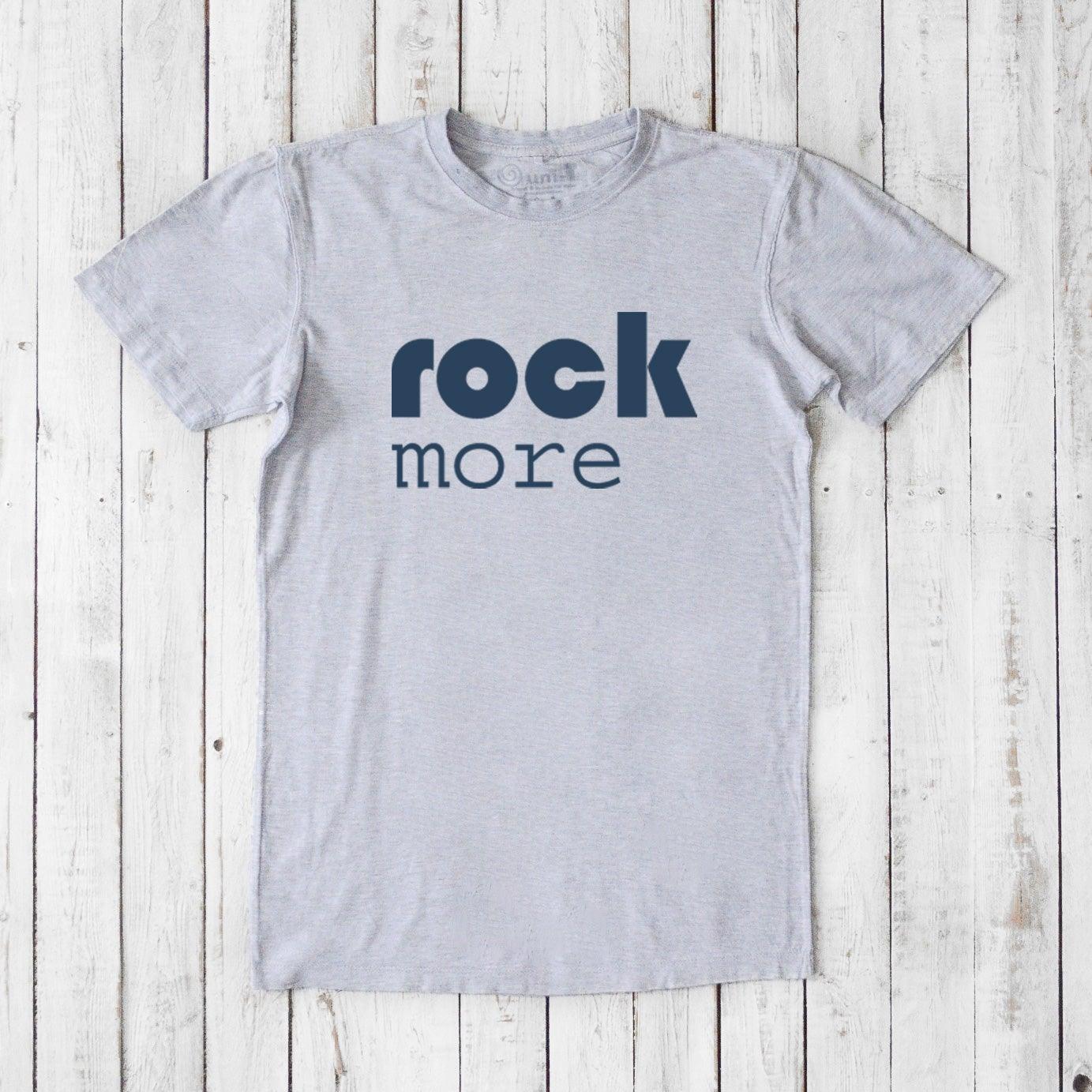 Heather gray men's 'Rock More' T-shirt crafted from bamboo and organic cotton, sustainable graphic tee for rock fans.