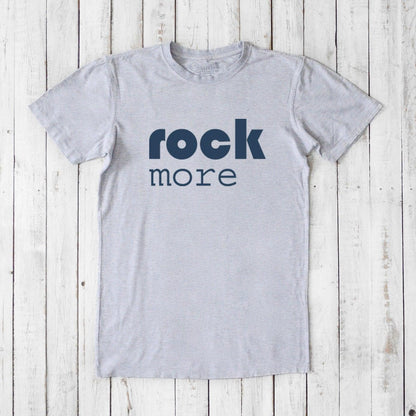 Heather gray men's 'Rock More' T-shirt crafted from bamboo and organic cotton, sustainable graphic tee for rock fans.