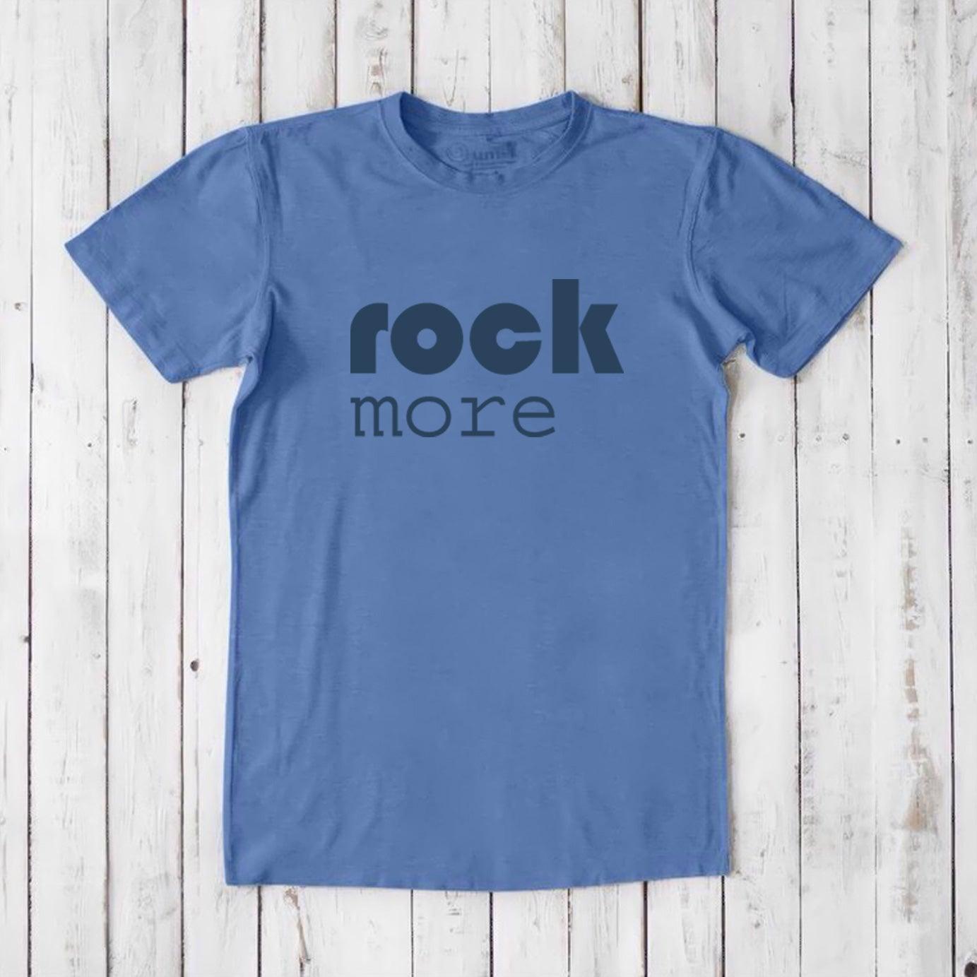 Ocean blue men's bamboo and organic cotton 'Rock More' T-shirt, classic fit music quote tee for eco-conscious shoppers.
