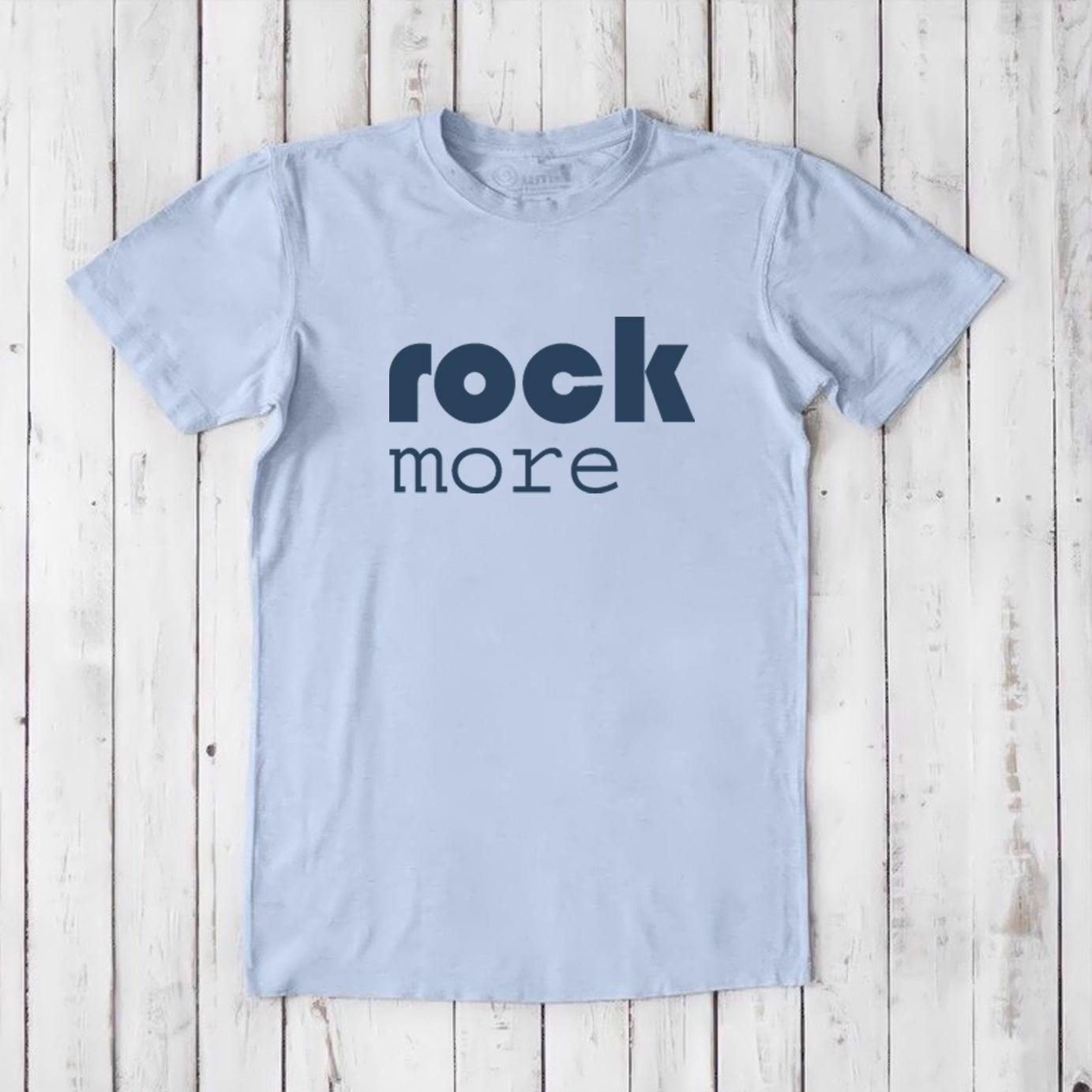 Light blue men's 'Rock More' T-shirt in bamboo and organic cotton, soft and sustainable concert-style tee for music lovers.