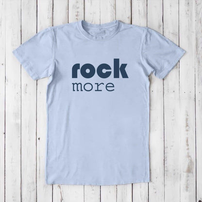 Light blue men's 'Rock More' T-shirt in bamboo and organic cotton, soft and sustainable concert-style tee for music lovers.