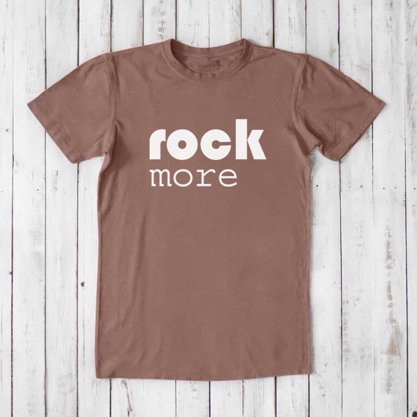 Light brown men's bamboo and organic cotton 'Rock More' T-shirt, classic fit music-themed tee for rock enthusiasts.