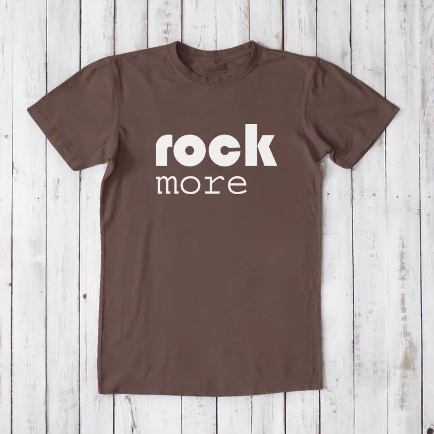 Dark brown men's 'Rock More' T-shirt made from bamboo and organic cotton, eco-friendly concert-style tee for music fans.