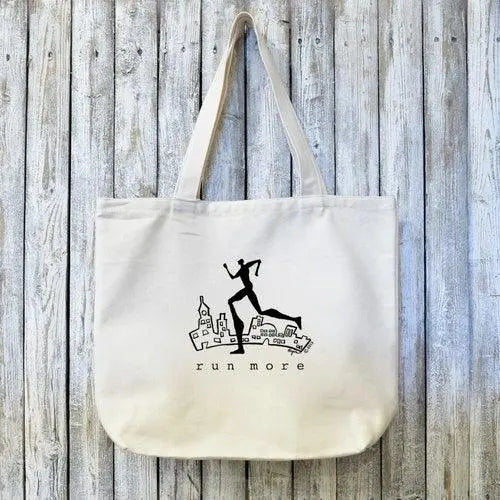 Runners Gift Tote Bag - RUN MORE Artist Design in black print on organic cotton canvas, ideal for eco-conscious fitness lovers and daily use.
