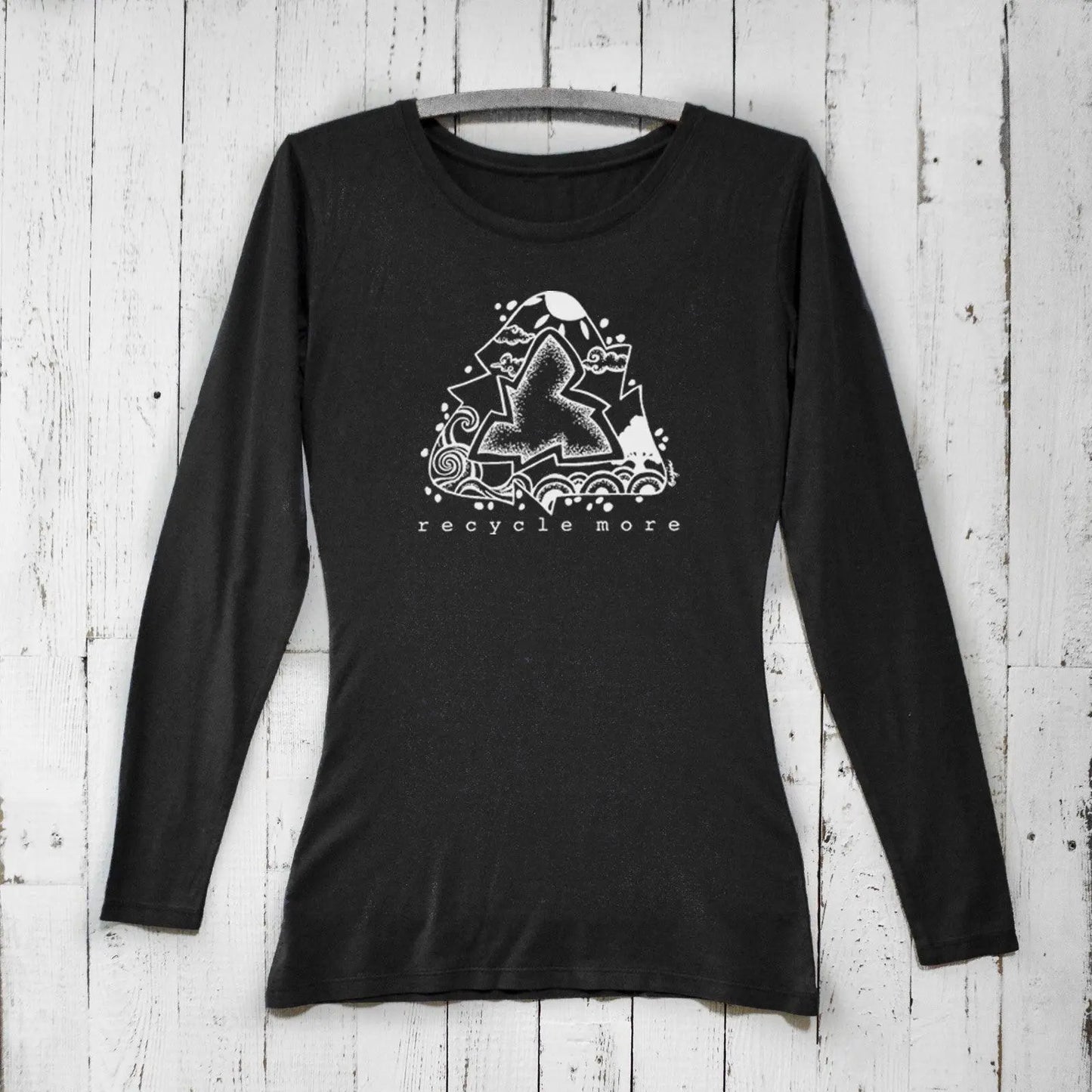 Women’s Recycle Symbol Long Sleeve T-Shirt in black bamboo and organic cotton. Eco-friendly sustainable top with 'Recycle More' graphic print.